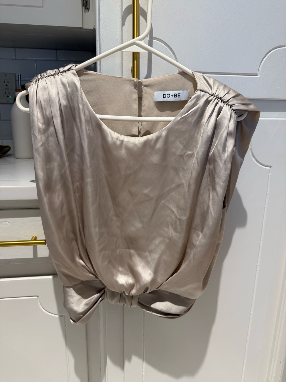 DO+BE Champagne Satin Twist-Front Sleeveless Blouse